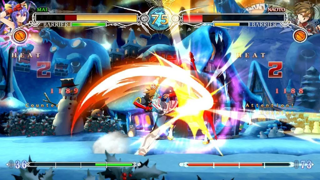 Mai versus Naoto on a snow stage with snowmen, white-yellow slash, HEAT 2 and BARRIER bars, Counterattack on the HUD