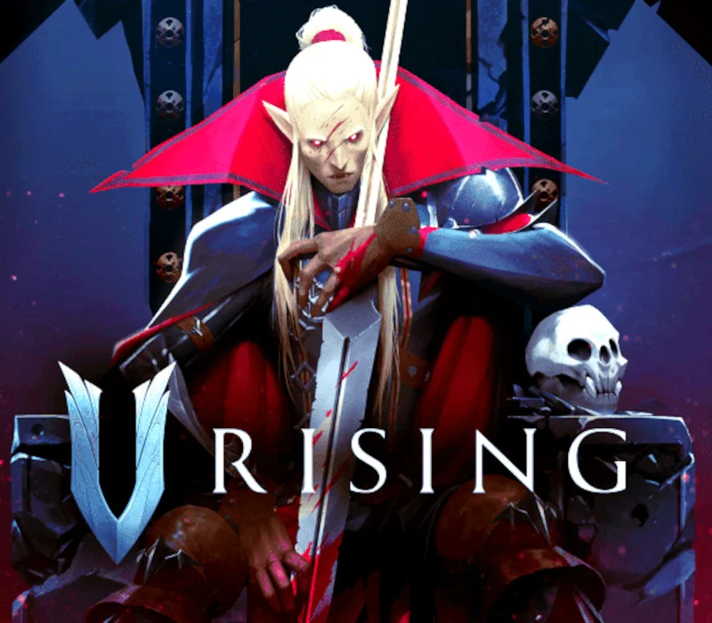 V Rising cover of a white-haired vampire on a throne with a bloodied greatsword and a skull
