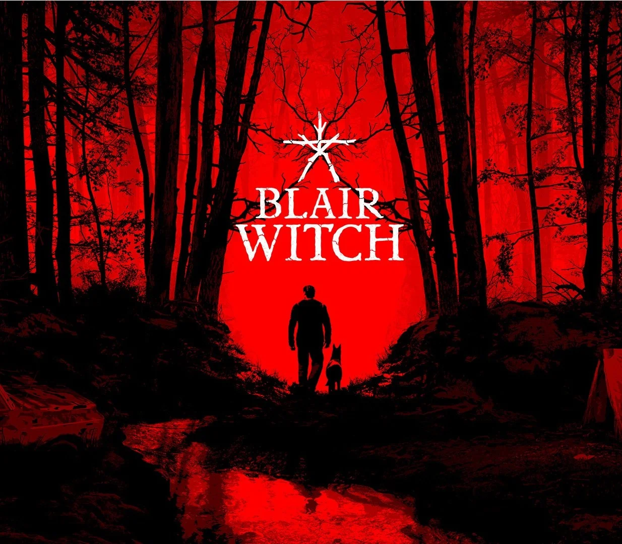 Blair Witch cover, red forest clearing, stick-figure sigil over BLAIR WITCH, man and dog walking a wet path, car and tent in silhouette