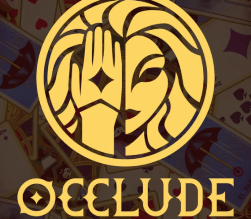 Occlude cover: gold circular logo of two hands covering eyes, OCCLUDE gold serif over playing cards