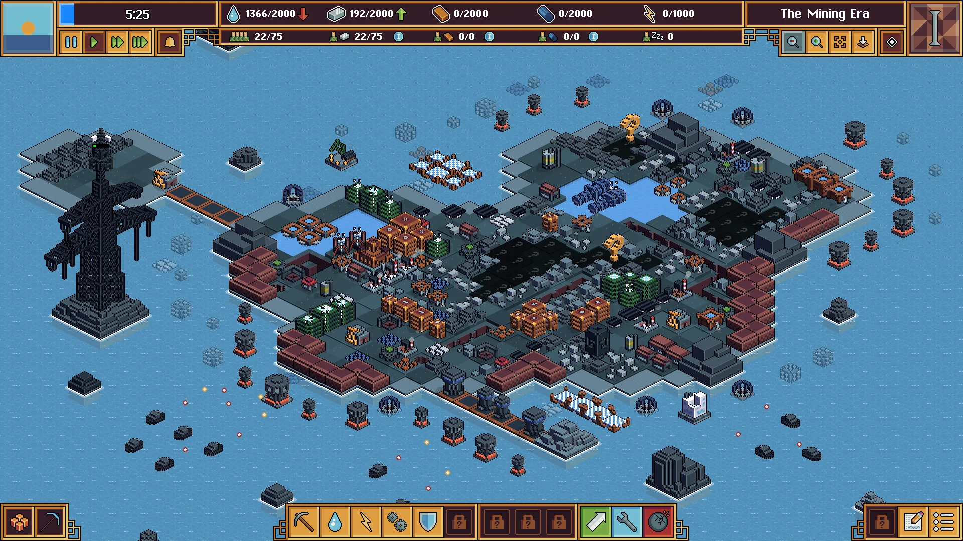 The Mining Era HUD 5:25, grey industrial island, tall black lattice tower on the left, resource bars along the top