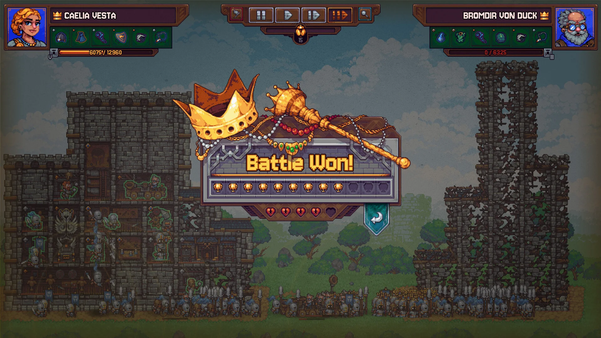 Baner Battle Won z koroną i berłem między nienaruszonym keepem Caelii a zrujnowaną wieżą Bromdira Von Duck