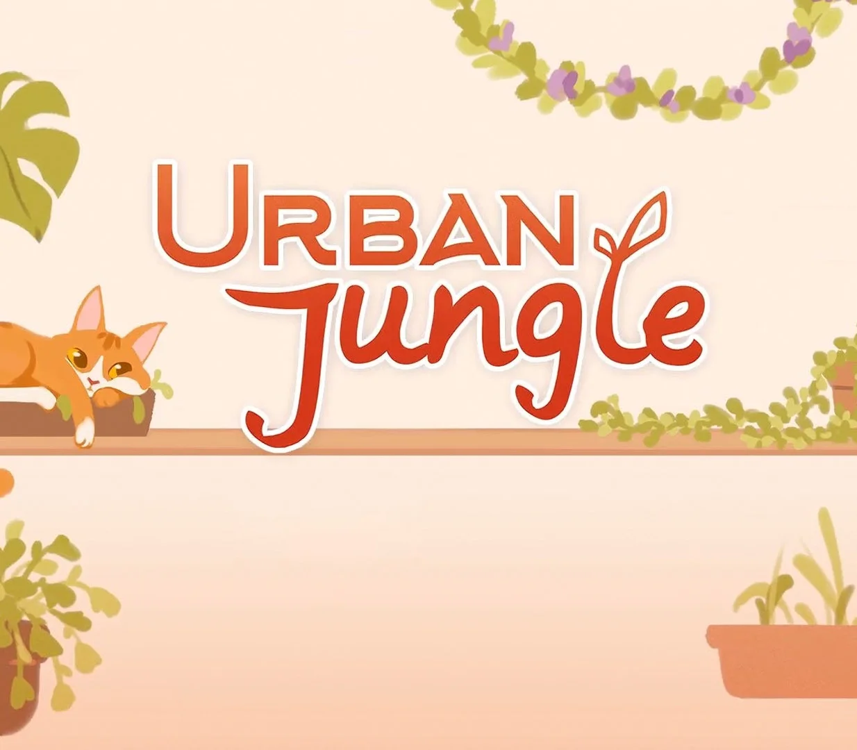 Urban Jungle cover: orange cat on a wooden shelf beside the title, hanging plants and terracotta pots