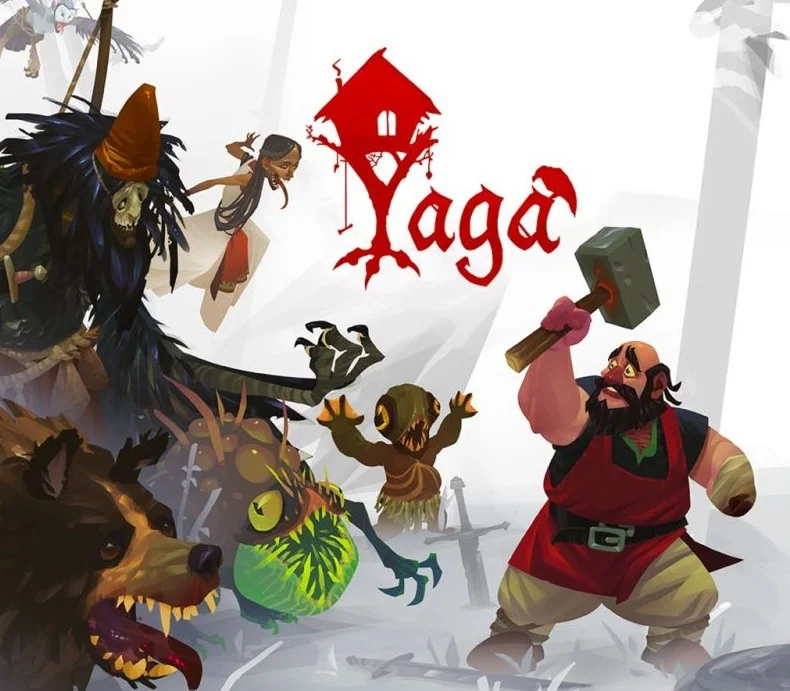 Yaga cover: Ivan swinging a hammer at forest monsters, red hut-shaped Yaga title