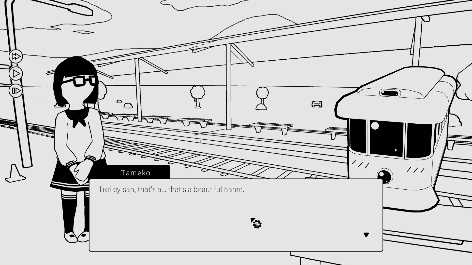 Schoolgirl Tameko with glasses at a platform, dialogue Trolley-san that is a beautiful name, a trolley waiting on the right