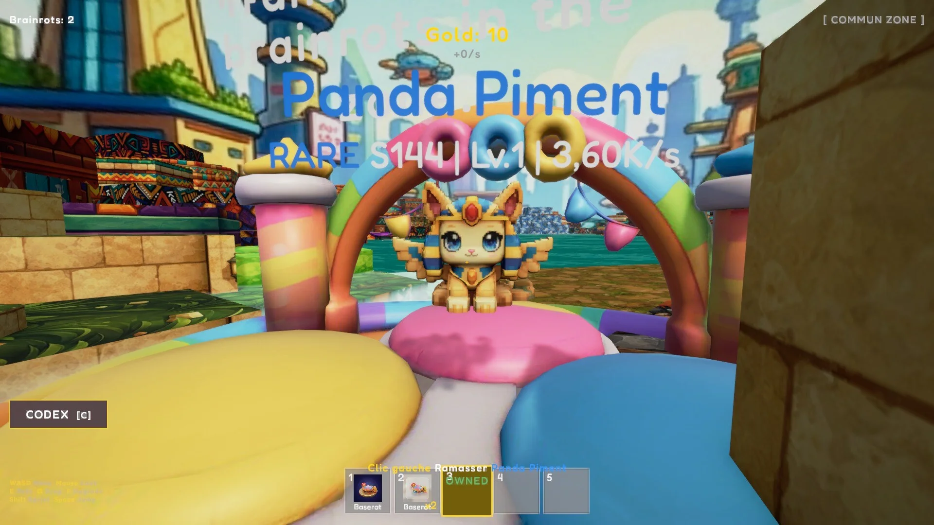 Panda Piment Rare on a pink inflatable, red chilli hat, floating on turquoise Common Zone water