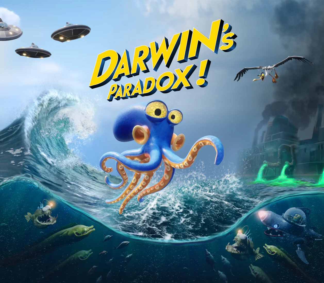 Darwin's Paradox EU cover, octopus Darwin in an industrial maze