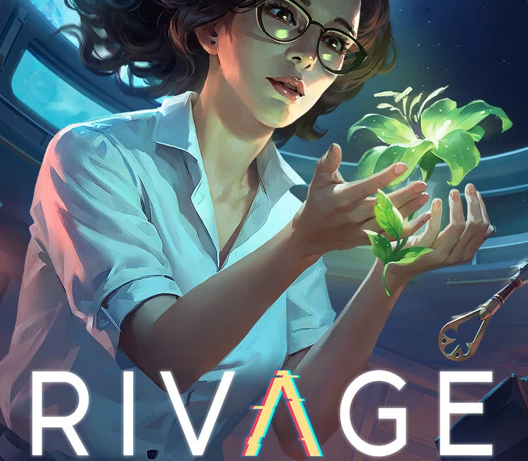 Cover: Miranda in glasses holding a glowing lily aboard A.R.E.S., Rivage wordmark