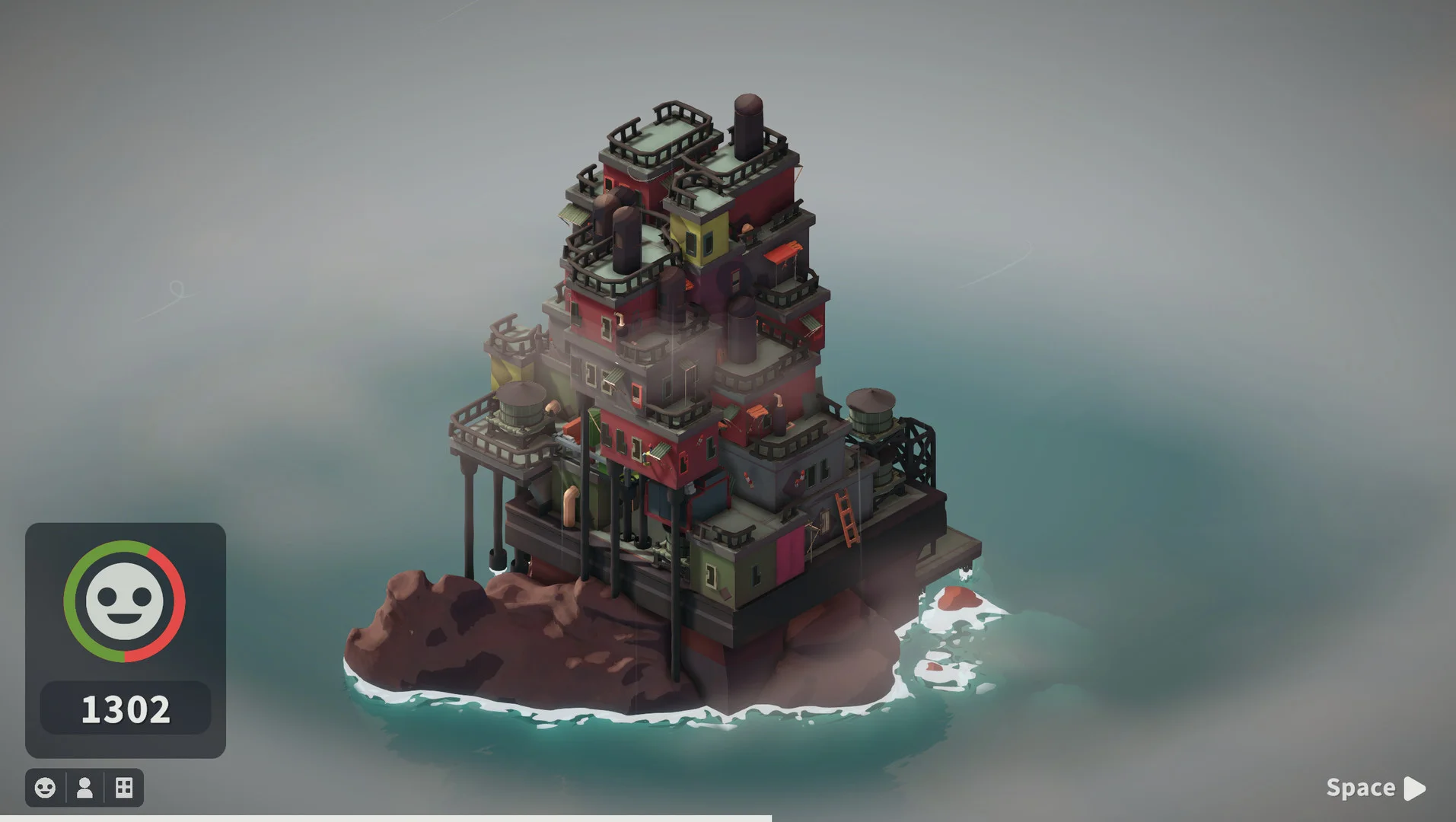 Isometric island of stacked houses and tanks with a 1302 happiness meter in fog