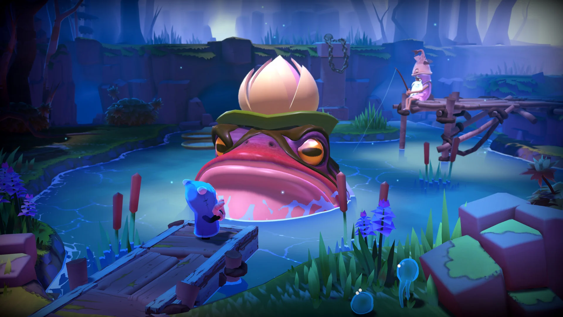 Night pond, giant pink frog with a lily-pad hat, blue figure on a dock, pale fisher on a broken pier