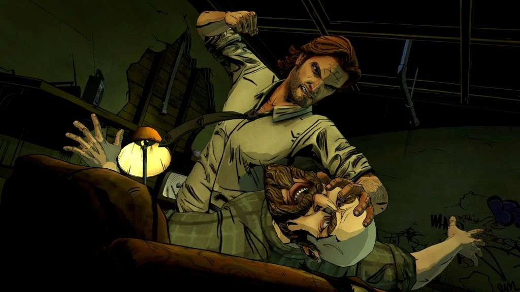 A man carries an injured person under a street lamp.