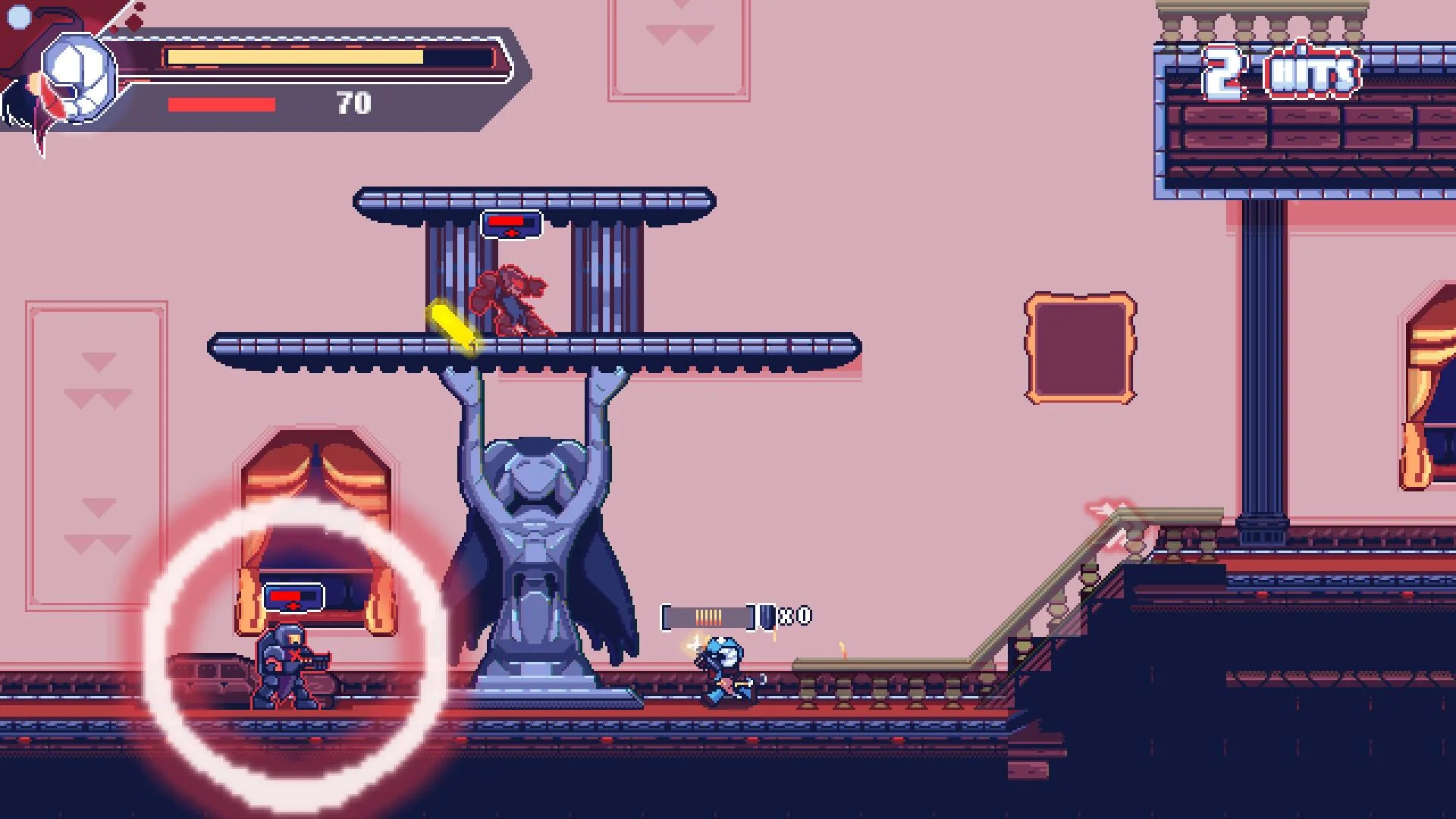 Pink hall, statue holding a high platform, 2 HITS, white circle attack, girl on the floor