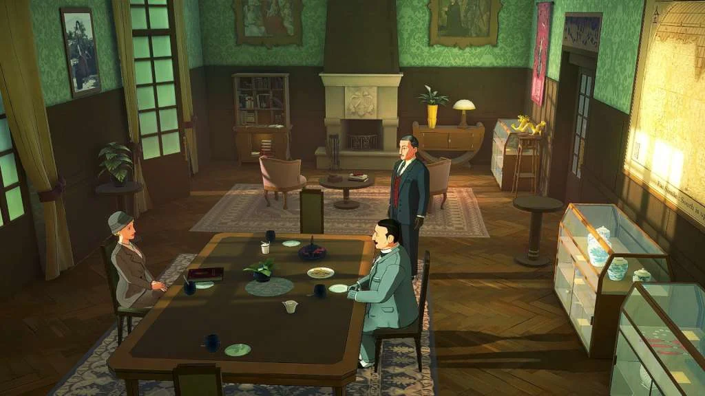 Three people seated around a long dining table in a wood-panelled room.