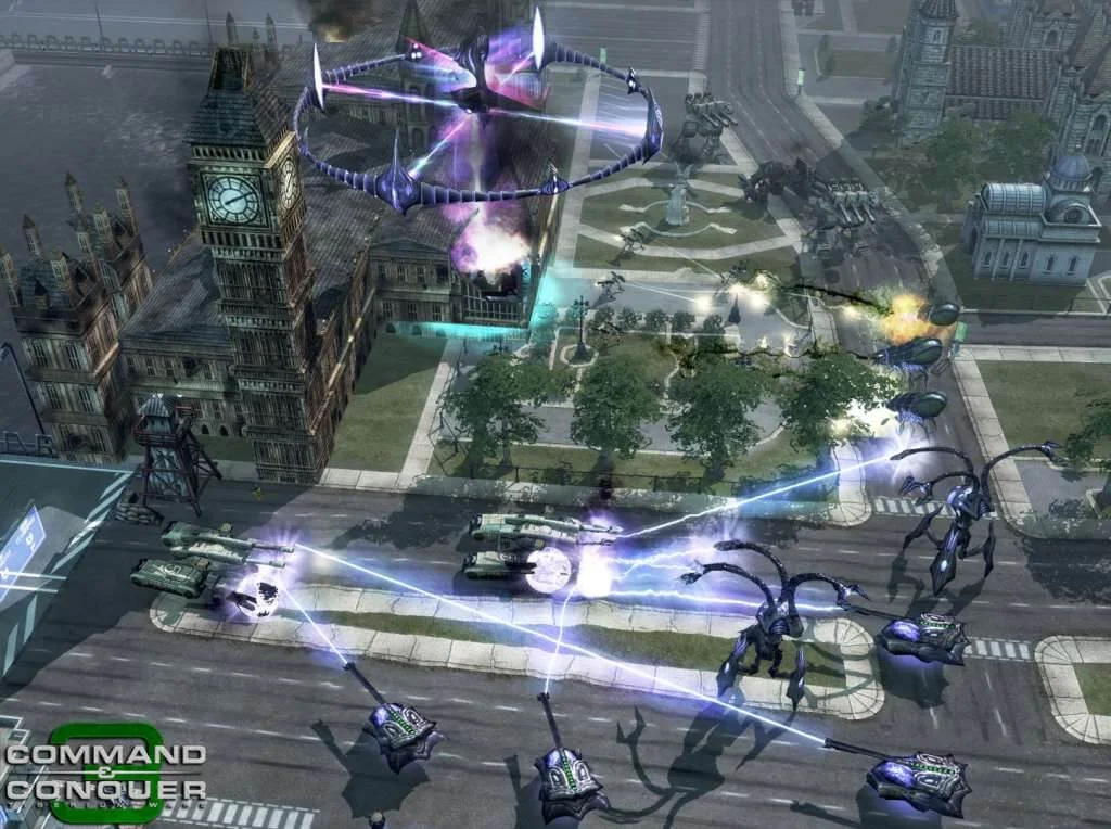 Isometric battle with vehicles clustered around a crossroads.