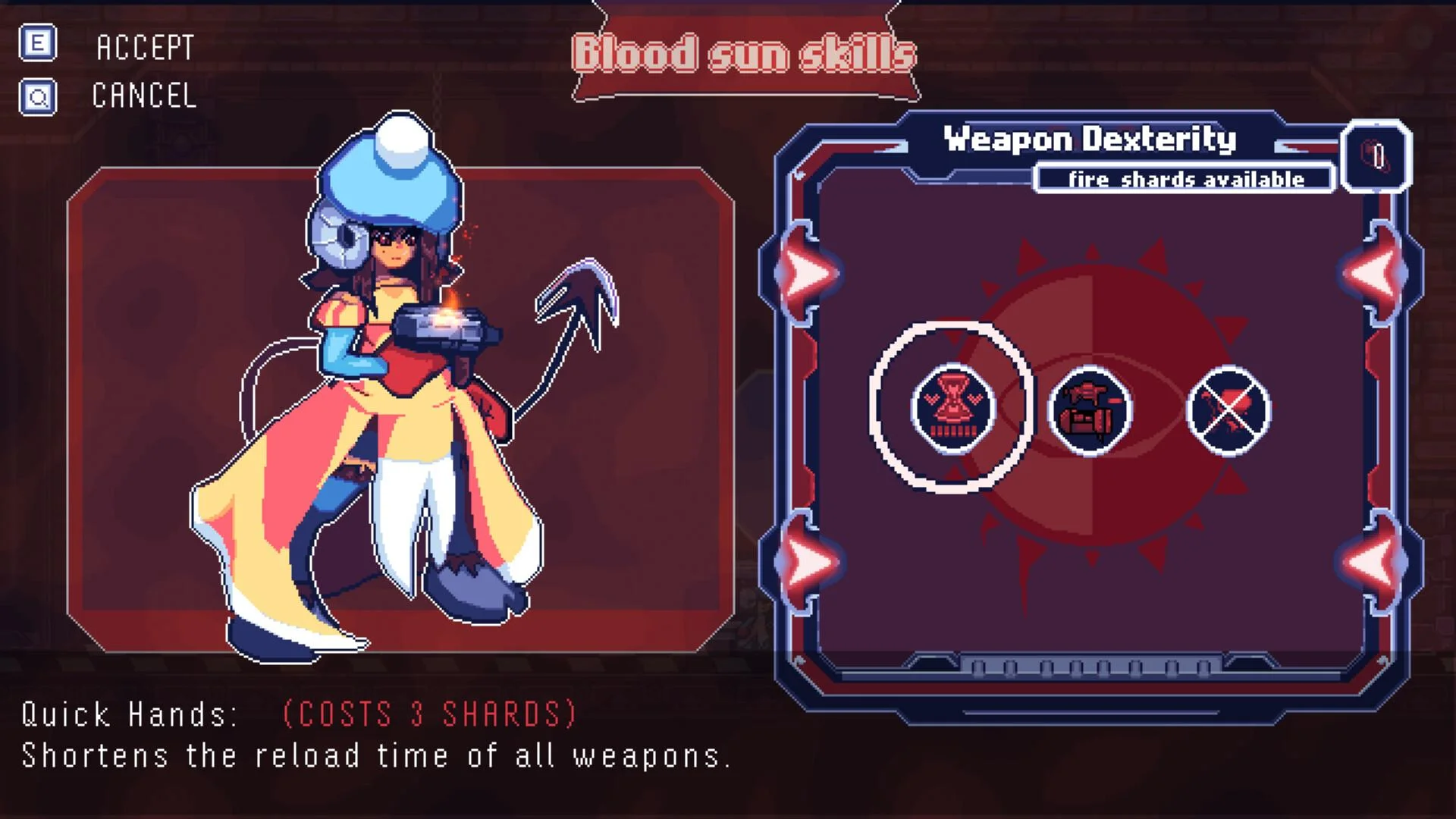 Blood sun skills menu, Weapon Dexterity, Quick Hands costs 3 shards, girl with a scythe and blue hat