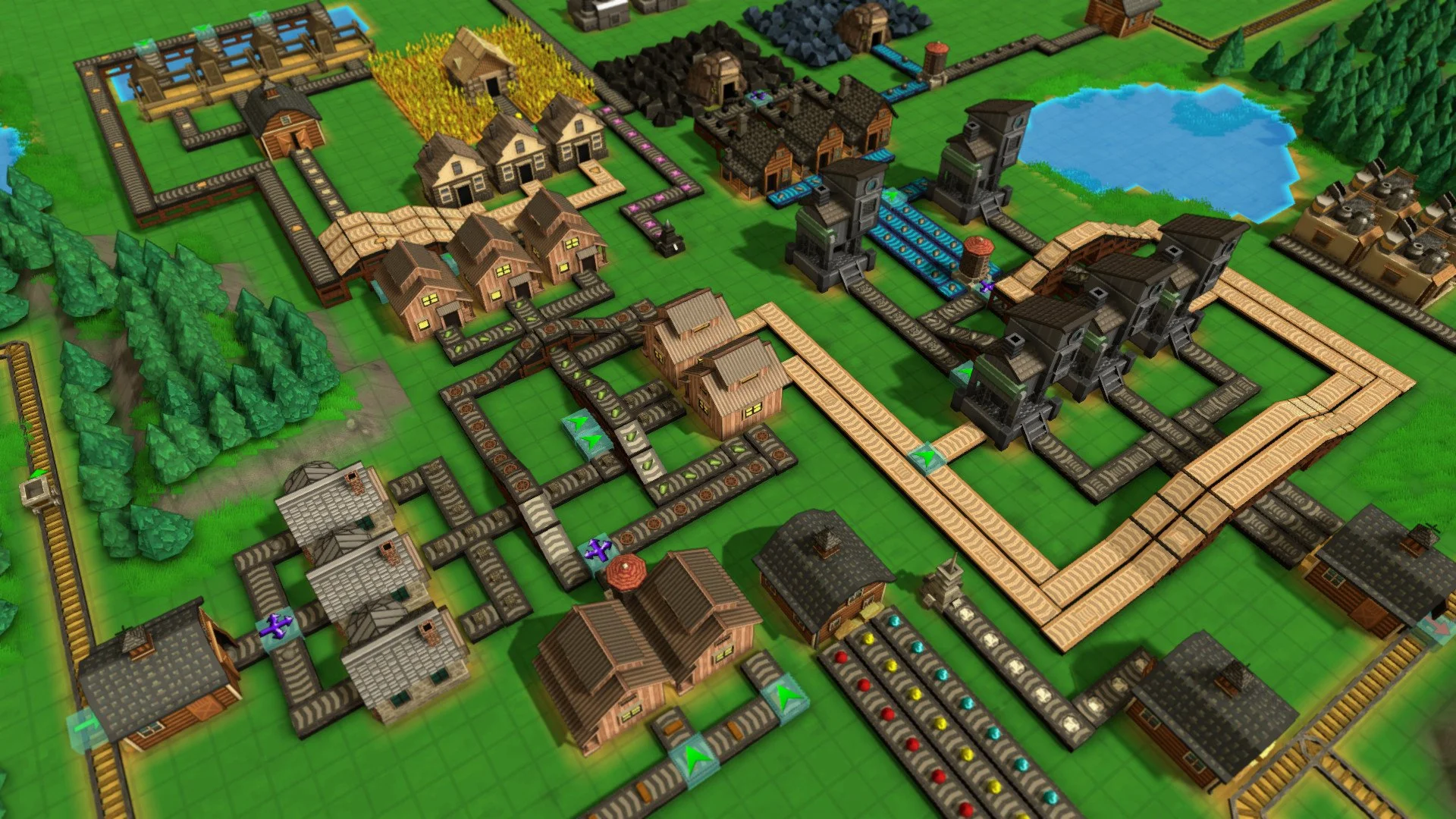 Dense factory grid: chutes around houses, dark mill, colorful item lines, pond