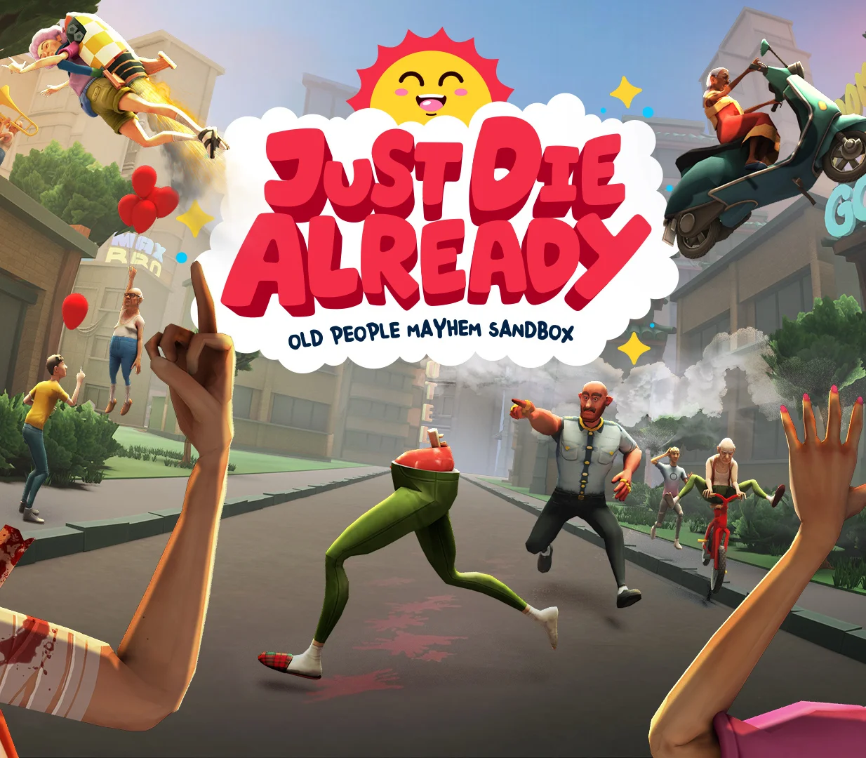 Just Die Already cover, smiling sun over exploding pensioners and a headless runner in green trousers