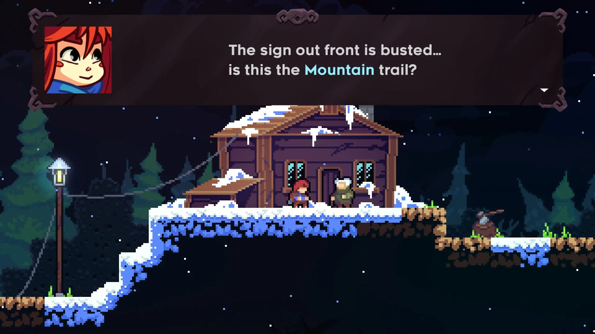 Night cabin in snow: dialogue The sign out front is busted... is this the Mountain trail?
