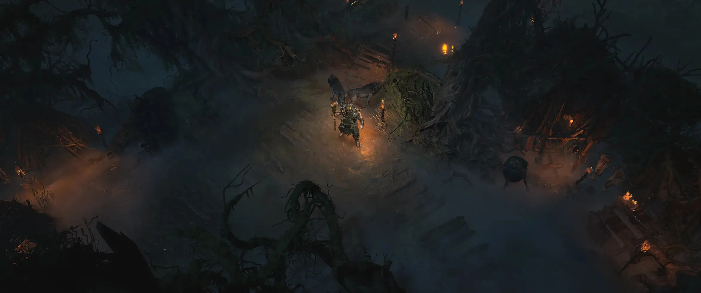 Diablo IV Rogue dash through a Fractured Peaks village