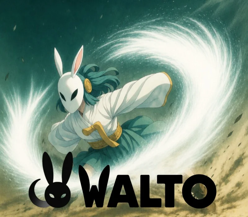WALTO cover, white rabbit mask, teal hair and white gi spinning in a white vortex, black WALTO wordmark with a rabbit-ear O