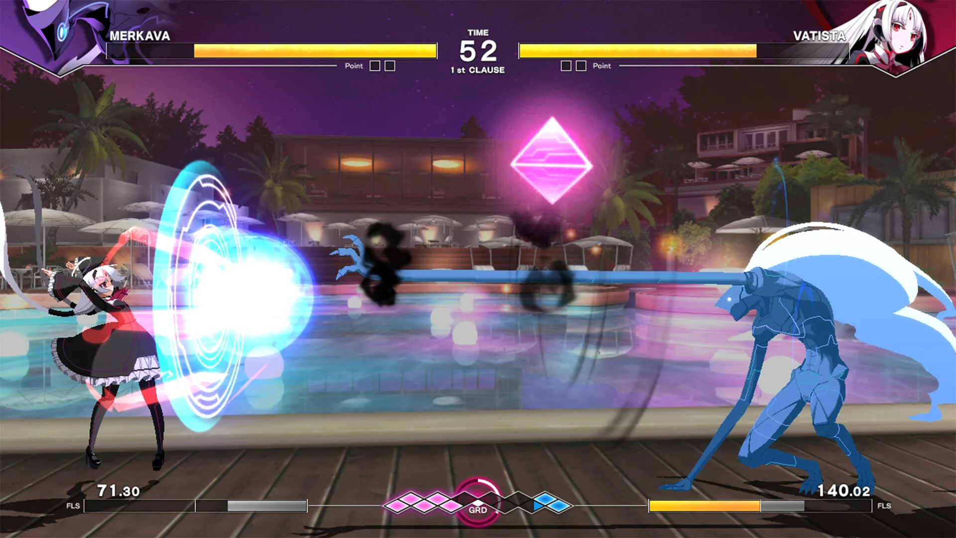 Merkava in a maid dress vs Vatista at a night pool, TIME 52, cyan ring 71.30 FLS, long blue limb 140.02 FLS, pink diamond in the sky