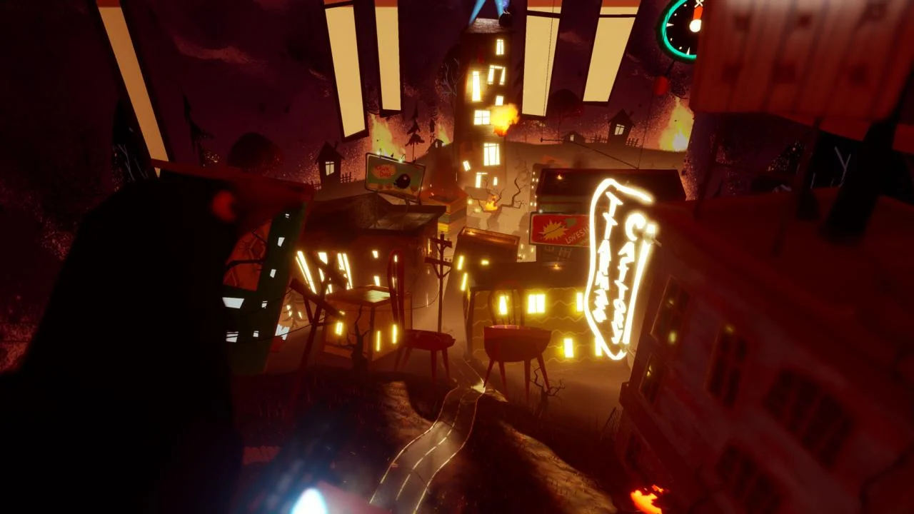 Toy town from above: CARTWHEEL neon, lit windows, flashlight beam from the left