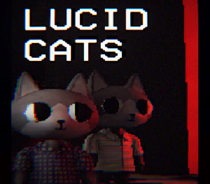 Dwie postacie z kocimi głowami w kraciastej i w paski koszuli pod zniekształconym tytułem LUCID CATS na czerni z czerwoną krawędzią