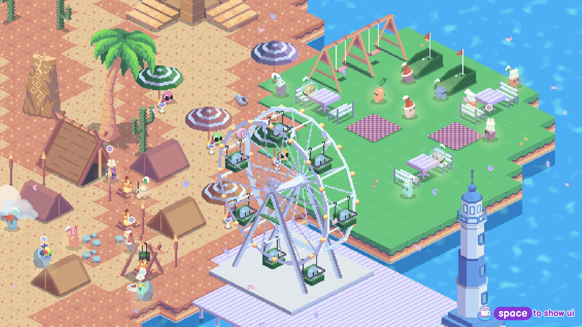 Beach tents and palm, white Ferris wheel, lighthouse, picnic lawn with swings, prompt space to show ui