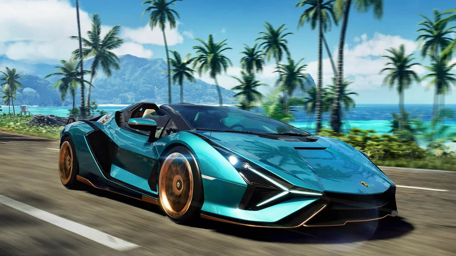 Teal Lamborghini roadster with gold wheels speeds a palm-lined coastal road above turquoise water