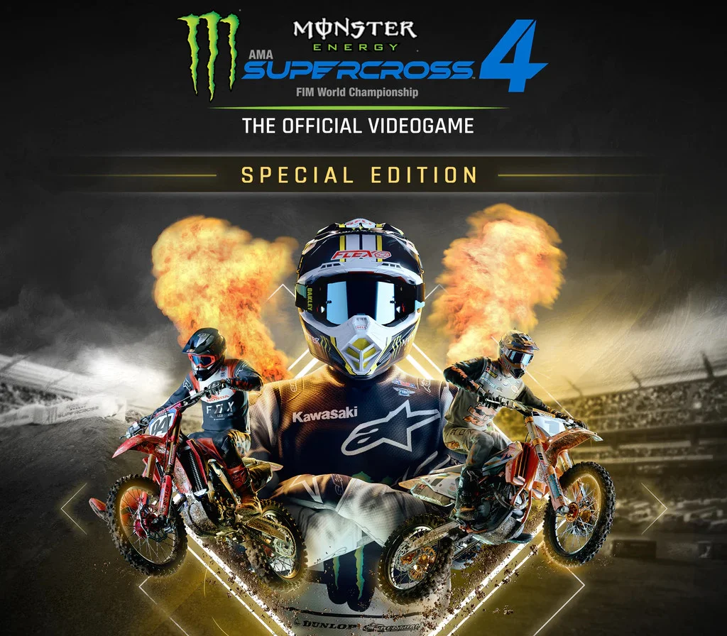 Monster Energy Supercross 4 Special Edition cover: a flaming helmet between two stadium dirt bikes