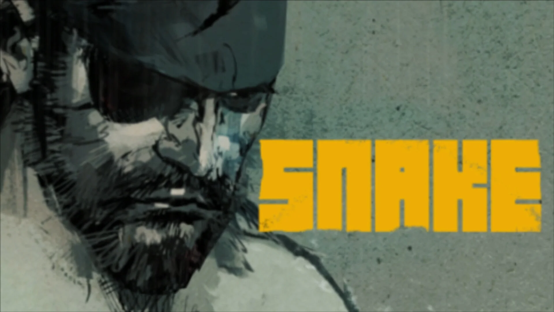 Painted close-up of Snake with eyepatch and the word SNAKE in yellow block letters