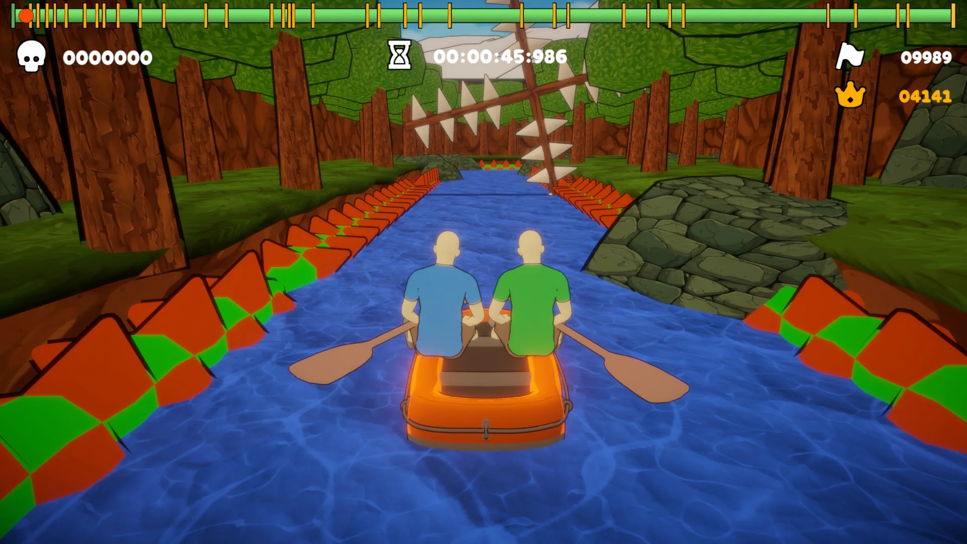 Two bald paddlers in blue and green shirts row an orange inflatable down a forest canal lined with orange-green spikes, speedrun timer overhead