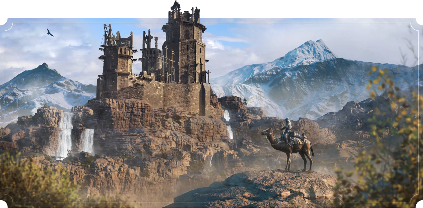 A rider on a camel before a mountain fortress with waterfalls and snow peaks, a bird circling the towers