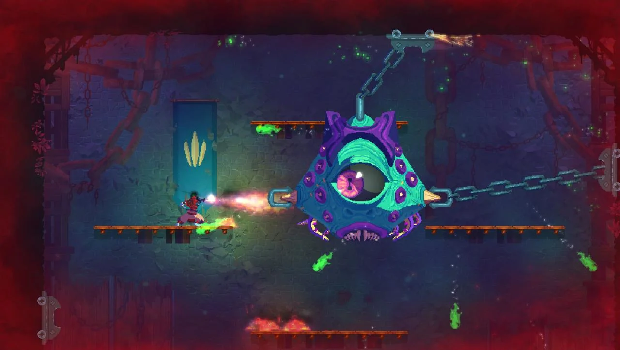 Prisoner firing a beam at a chained triangular one-eyed boss with a gold-feather banner