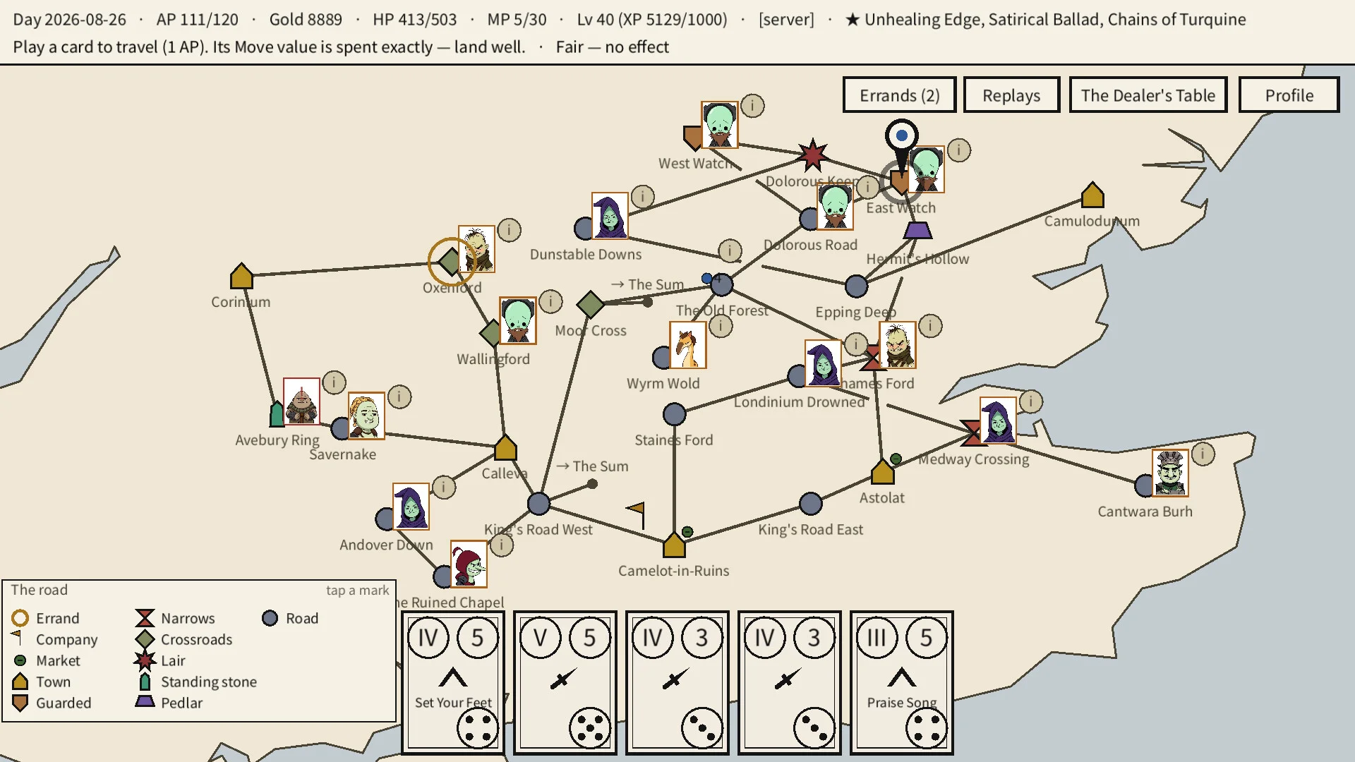 Britain route map with towns roads character markers and five playable cards
