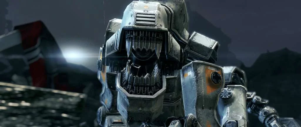 Close-up of a silver mechanical soldier with a grille mouth and orange panels, flag fragment behind