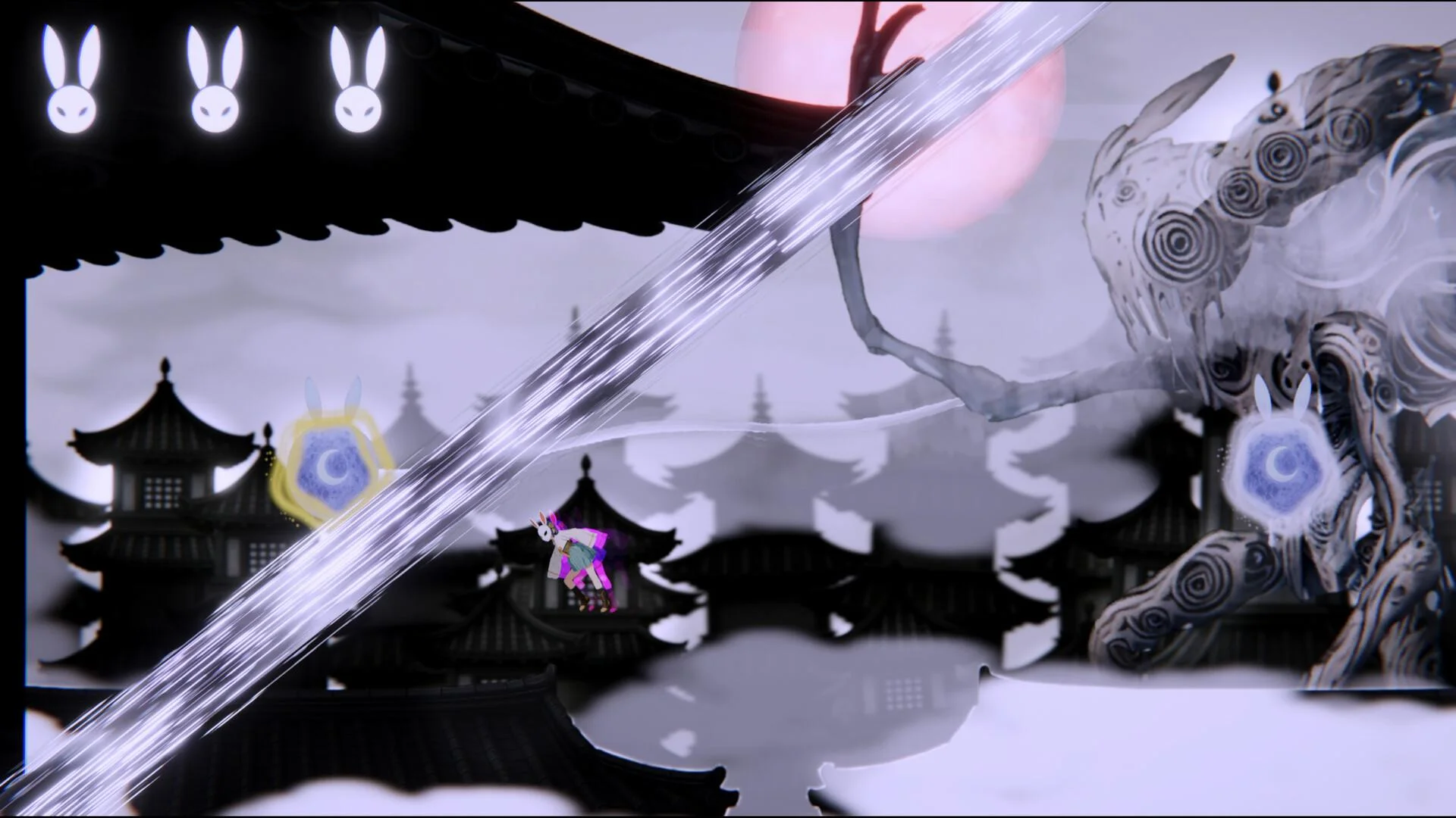 Purple rabbit under black eaves, white slash, giant ink-wash rabbit and pagoda silhouettes, three rabbit HUD icons