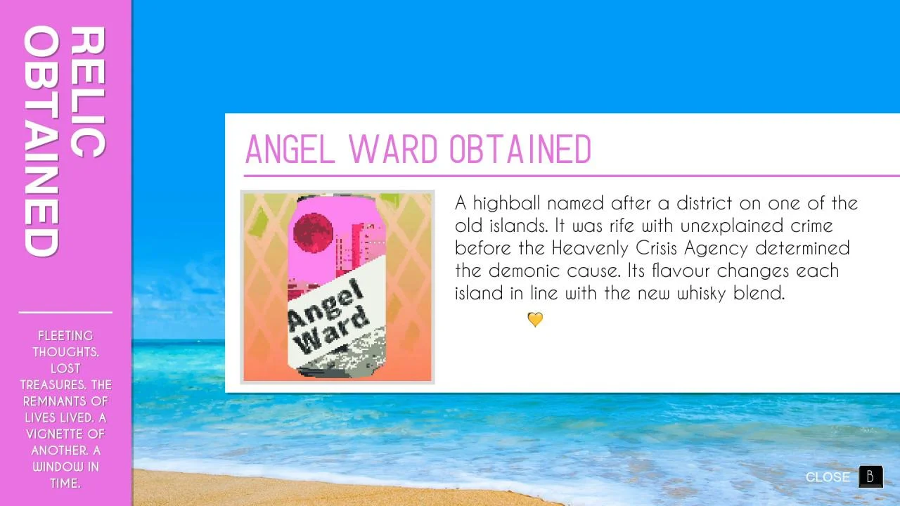 Relic Obtained screen, Angelward can on a pink city field, ANGELWARD OBTAINED text, turquoise beach, CLOSE B