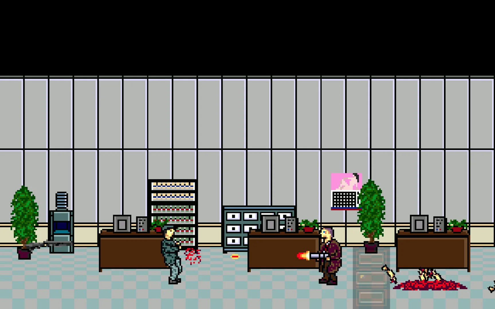 Office shootout between desks, plants and blood on a checkered floor