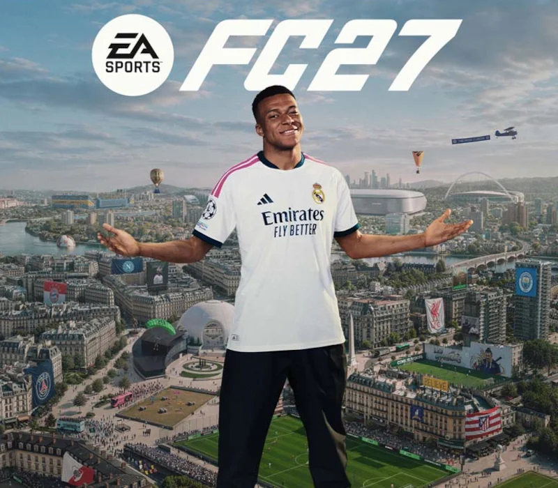 EA SPORTS FC 27 cover of a footballer in a white shirt with arms open above a city of pitches and stadiums