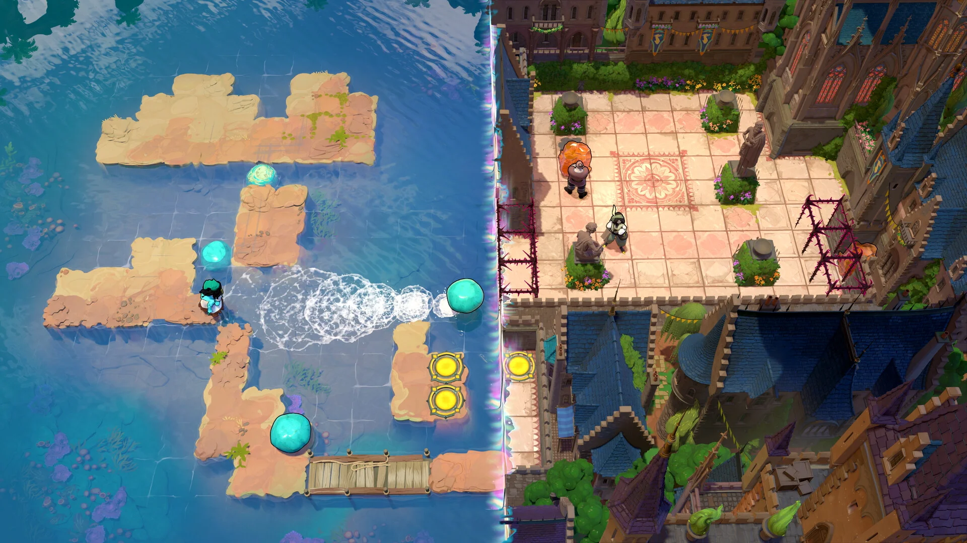 Split scene: stone islands in bright water with teal orbs on the left, a sunlit castle courtyard with statues and an orange pot on the right