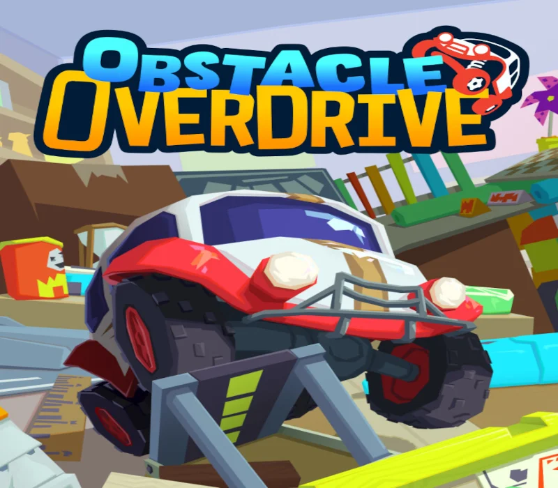 OBSTACLE OVERDRIVE logo over a red and white toy buggy on a grey ramp among blocks and a pinwheel