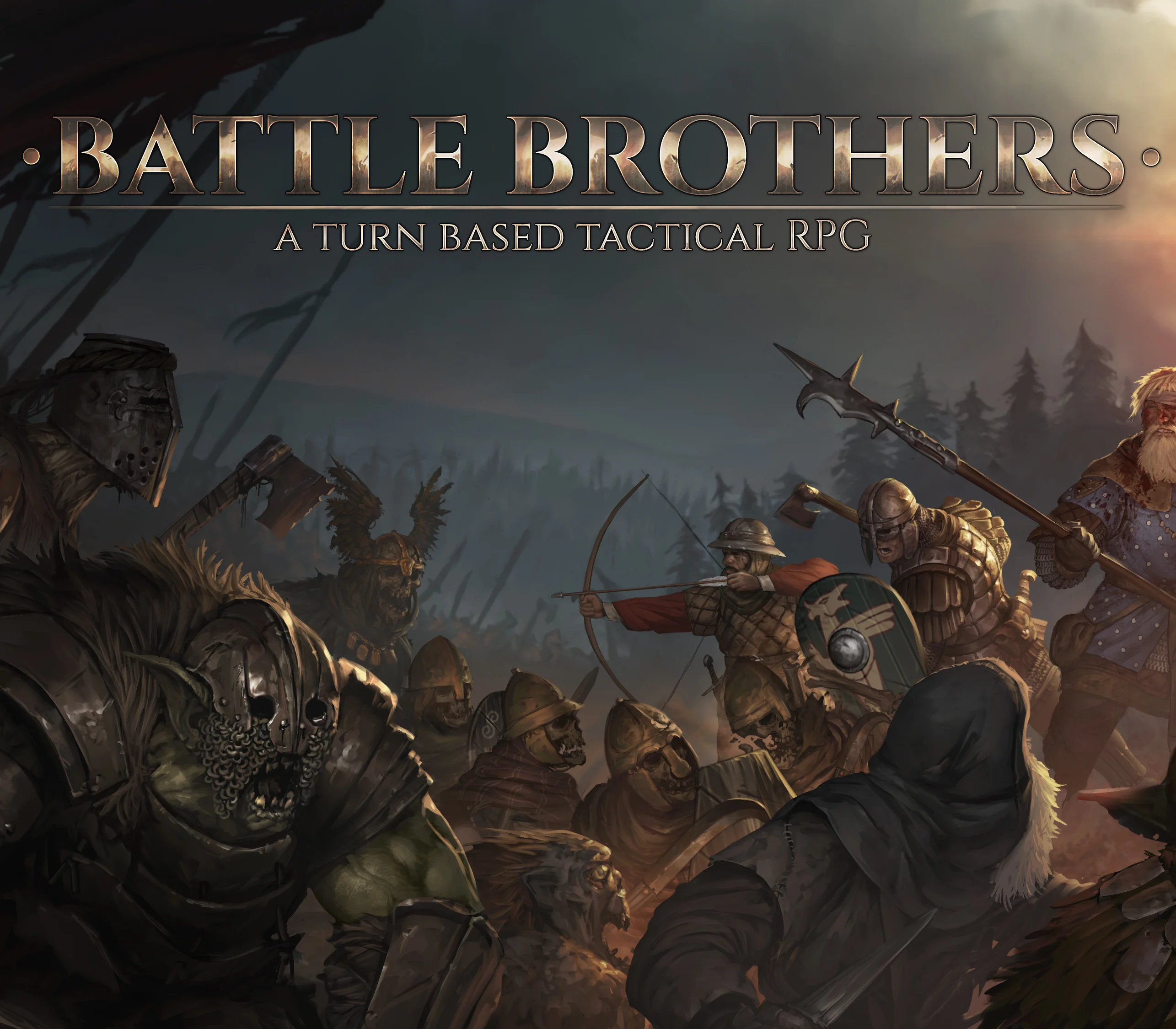 Battle Brothers cover, orc in a skull helm beside archers and knights under the title A turn based tactical RPG