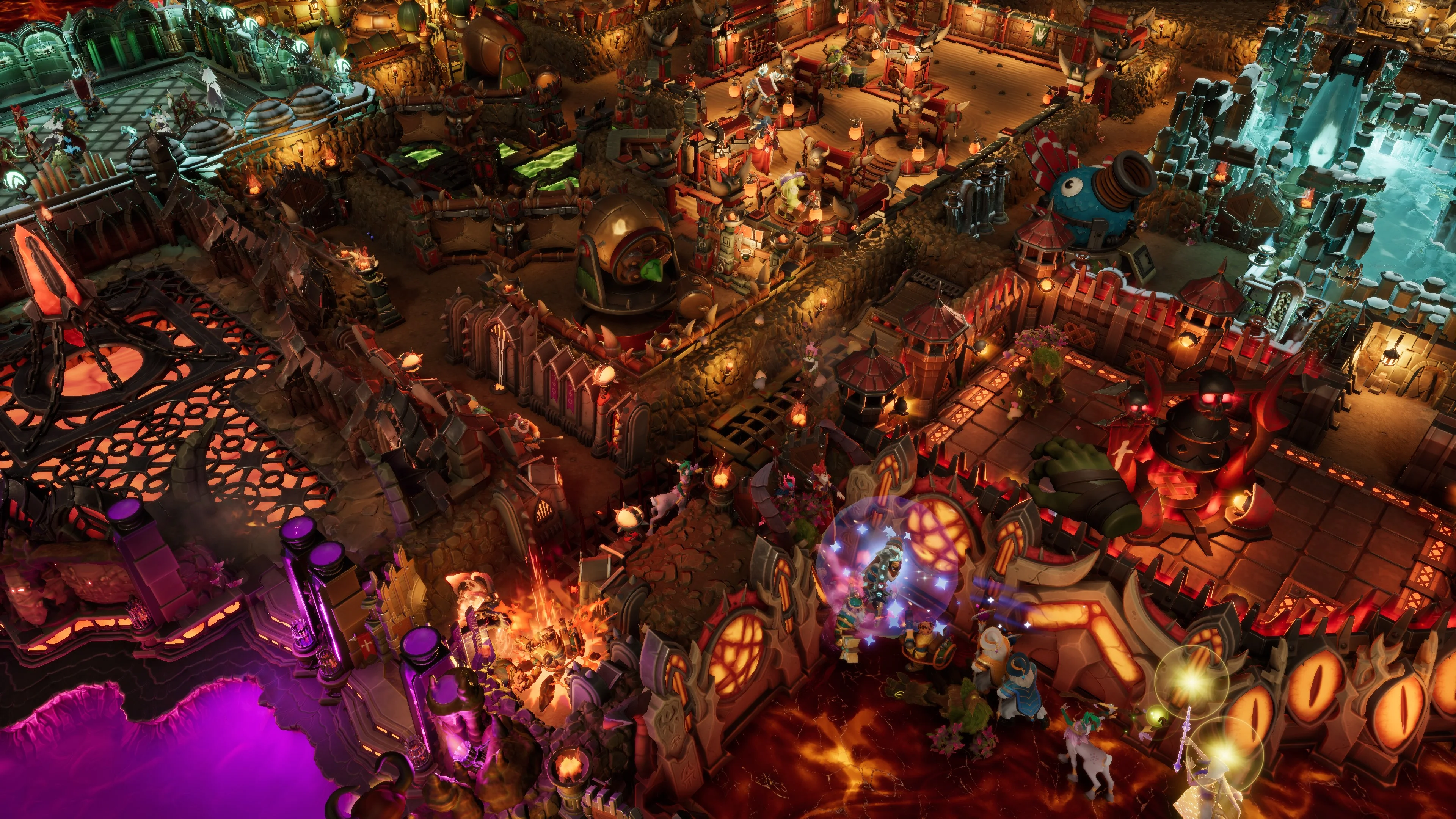 Overhead view of a lava dungeon floor with red walls, workshops and a glowing pit