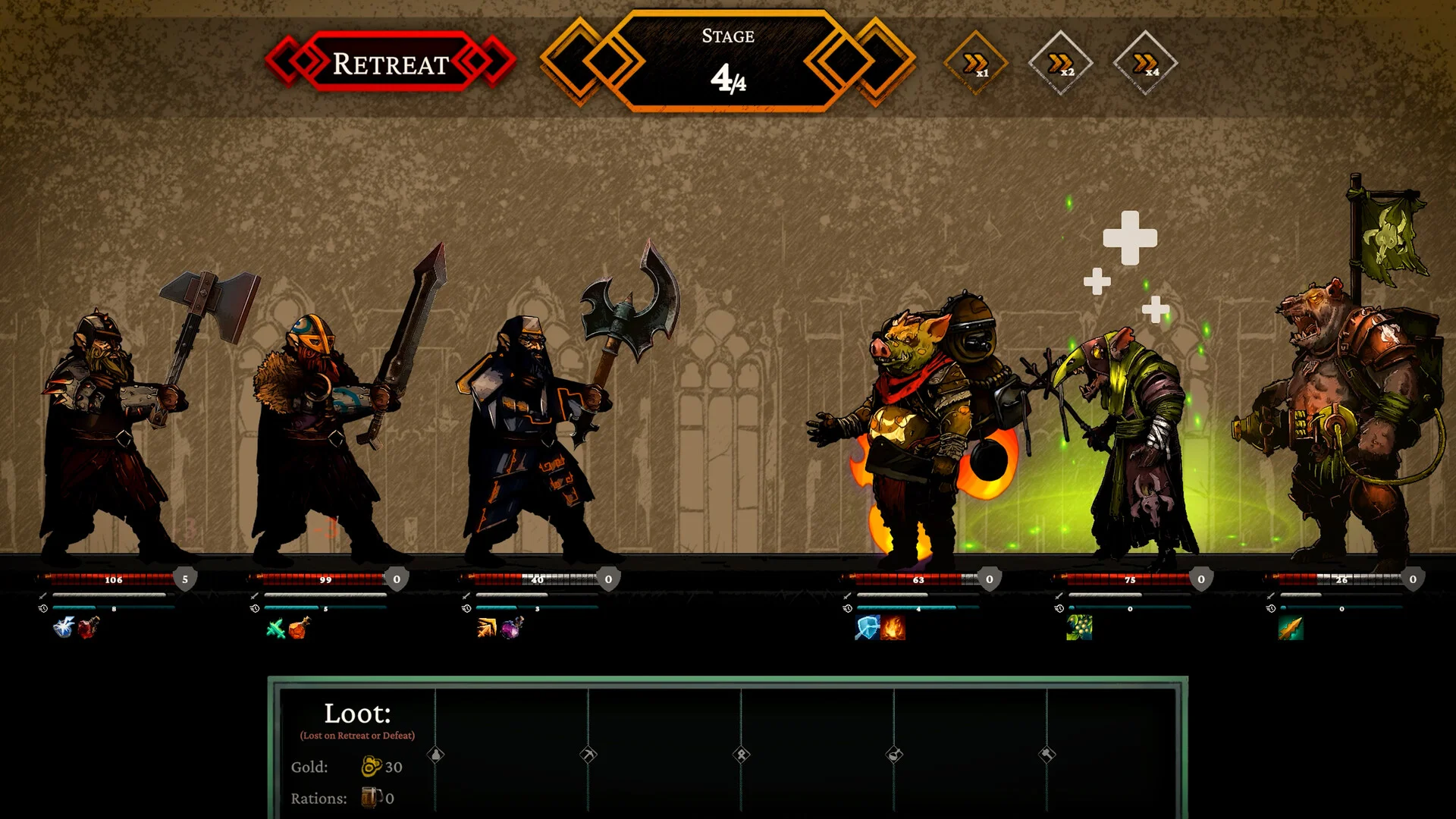 Stage 4/4 auto-battle: three mercenaries versus pig, plague and bear foes, RETREAT and loot gold 30