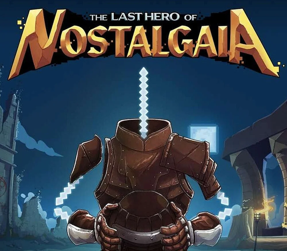 Nostalgaia cover: headless brown armor with a zigzag light spine, THE LAST HERO OF NOSTALGAIA gold title