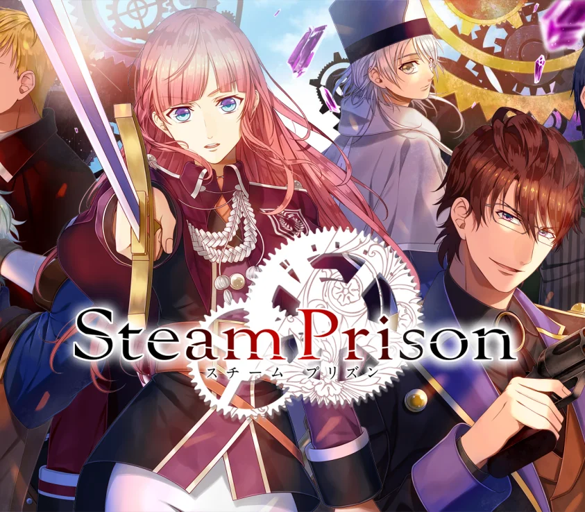 Okładka, tytuł Steam Prison i japoński podtytuł, różowowłosa kobieta z mieczem, biały płaszcz, mężczyzna z pistoletem, koła zębate