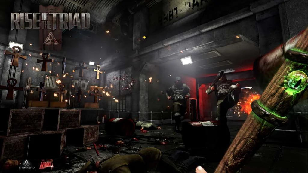 First-person view of a green weapon in a red-lit armory