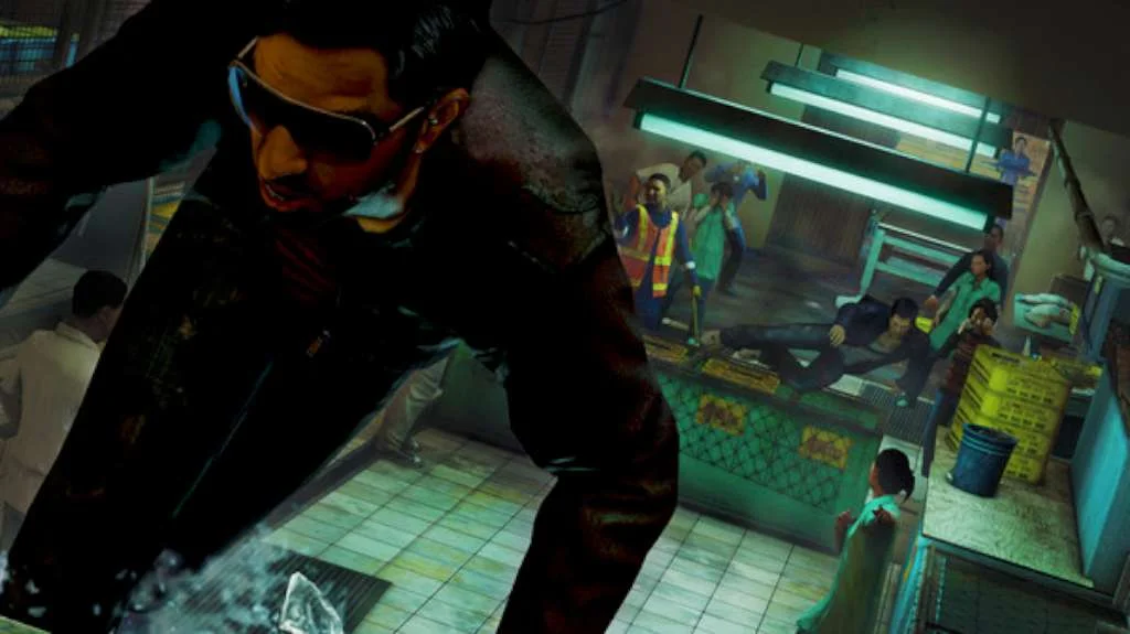 Wei Shen in sunglasses and a dark jacket vaults a wet fish-market counter while staff in hi-vis and green coats scatter under green fluorescent lights
