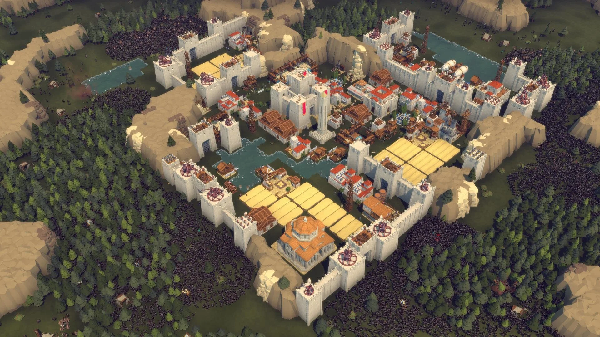 Large walled city from above, white walls, inner keep with red banners, yellow fields, forest and hills around a river